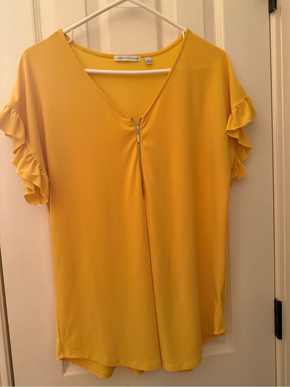 Notations Mustard Yellow V-Neck Top with Front Zip and Ruffle Sleeves